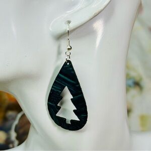 Christmas Classic Tree Cutout Earrings embossed green leather hand crafted
